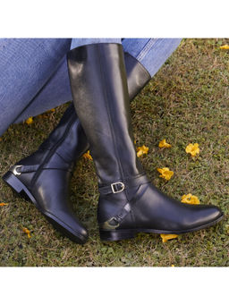 Saint G - Damaris Black Leather Buckle Decor Knee High Boots