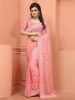Odette - Pink Embroidered Net Saree with Unstitched Blouse (Set of 2)