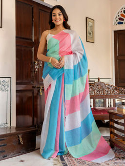 SATRANI - Multi-Color Printed Linen Cotton Ready To Wear Saree with Unstitched Blouse