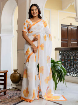 SATRANI - White Floral Printed Linen Cotton Ready To Wear Saree with Unstitched Blouse