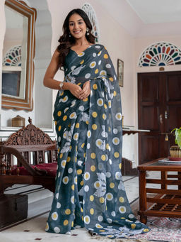 SATRANI - Charcoal Printed Linen Cotton Ready To Wear Saree with Unstitched Blouse
