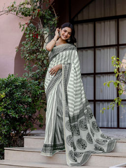 SATRANI - Beige Printed Silk Ready To Wear Saree with Unstitched Blouse