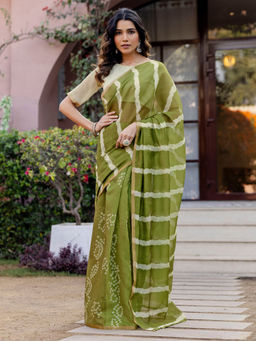 SATRANI - Green Printed Linen Cotton Ready To Wear Saree with Unstitched Blouse