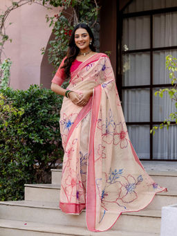 SATRANI - Peach Floral Printed Linen Ready To Wear Saree with Unstitched Blouse