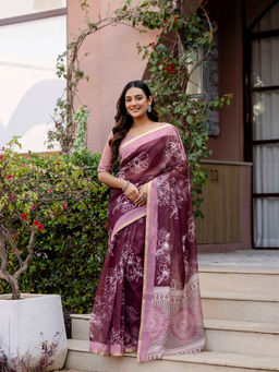 SATRANI - Dusty Wine Floral Printed Linen Ready To Wear Saree with Unstitched Blouse