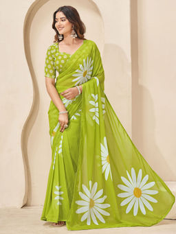 SATRANI - Parrot Green Floral Printed Georgette Ready To Wear Saree with Unstitched Blouse