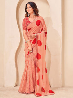 SATRANI - Peach Polka Dot Printed Georgette Ready To Wear Saree with Unstitched Blouse