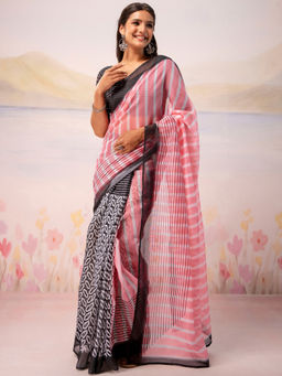 SATRANI - Black Printed Linen Ready To Wear Saree with Unstitched Blouse