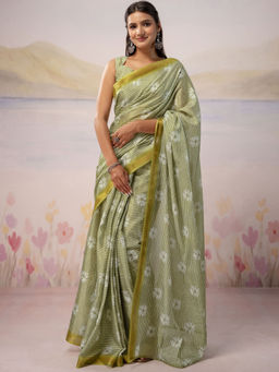 SATRANI - Olive Printed Silk Ready To Wear Saree with Unstitched Blouse