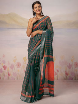 SATRANI - Stripes Printed Linen Ready To Wear Saree with Unstitched Blouse