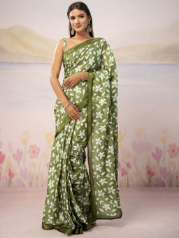 SATRANI - Olive Floral Printed Silk Ready To Wear Saree with Unstitched Blouse