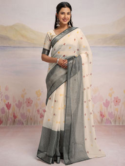 SATRANI - Off White Printed Linen Ready To Wear Saree with Unstitched Blouse