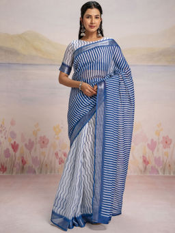 SATRANI - White Printed Linen Ready To Wear Saree with Unstitched Blouse