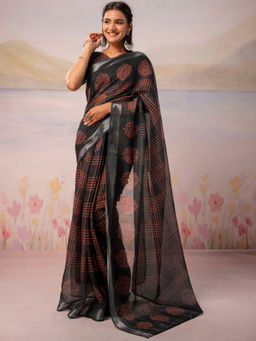 SATRANI - Black Checks Linen Ready To Wear Saree with Unstitched Blouse