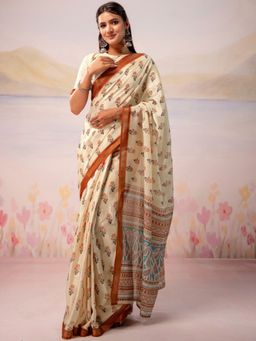 SATRANI - Cream Floral Printed Silk Ready To Wear Saree with Unstitched Blouse