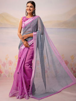SATRANI - Dusty Pink Stripes Printed Linen Ready To Wear Saree with Unstitched Blouse
