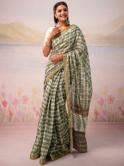 SATRANI - Off White Printed Silk Ready To Wear Saree with Unstitched Blouse