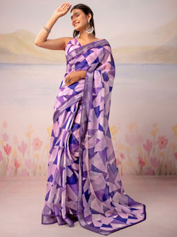 SATRANI - Purple Printed Linen Ready To Wear Saree with Unstitched Blouse