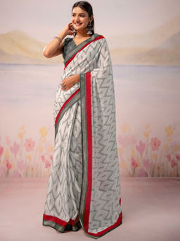 SATRANI - White Printed Silk Ready To Wear Saree with Unstitched Blouse