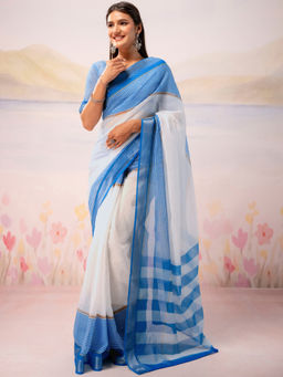 SATRANI - White Printed Linen Ready To Wear Saree with Unstitched Blouse