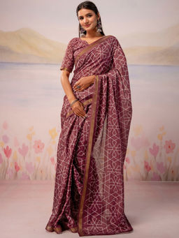 SATRANI - Dusty Wine Printed Silk Ready To Wear Saree with Unstitched Blouse