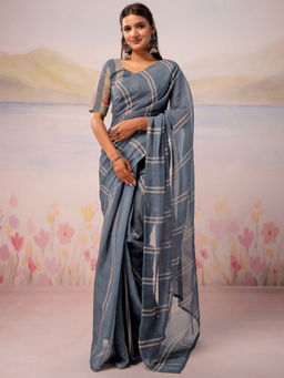 SATRANI - Grey Stripes Printed Linen Ready To Wear Saree with Unstitched Blouse