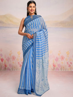 SATRANI - Blue Printed Linen Ready To Wear Saree with Unstitched Blouse