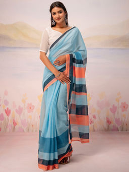 SATRANI - Sky Blue Stripes Printed Linen Ready To Wear Saree with Unstitched Blouse