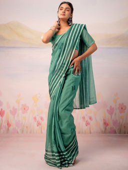 SATRANI - Dusty Mint Green Printed Linen Ready To Wear Saree with Unstitched Blouse