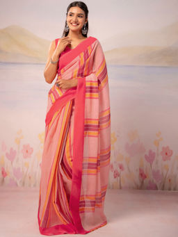 SATRANI - Peach Stripes Printed Linen Ready To Wear Saree with Unstitched Blouse