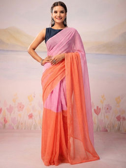 SATRANI - Pink and Blouse Colorblock Linen Ready To Wear Saree with Unstitched Blouse