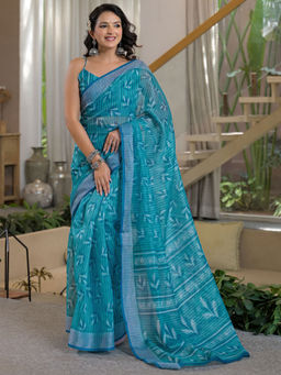 SATRANI - Blue Printed Linen Ready To Wear Saree with Unstitched Blouse