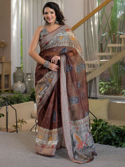 SATRANI - Dark Brown Printed Linen Ready To Wear Saree with Unstitched Blouse