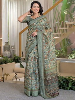 SATRANI - Dark Green Floral Printed Linen Ready To Wear Saree with Unstitched Blouse