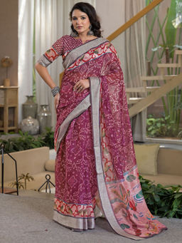 SATRANI - Magenta Printed Linen Ready To Wear Saree with Unstitched Blouse