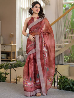 SATRANI - Maroon Printed Linen Ready To Wear Saree with Unstitched Blouse