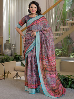 SATRANI - Paisley Printed Linen Ready To Wear Saree with Unstitched Blouse