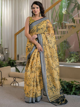 SATRANI - Light Mustard Printed Linen Ready To Wear Saree with Unstitched Blouse