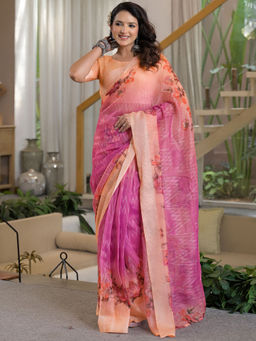 SATRANI - Floral Printed Linen Ready To Wear Saree with Unstitched Blouse