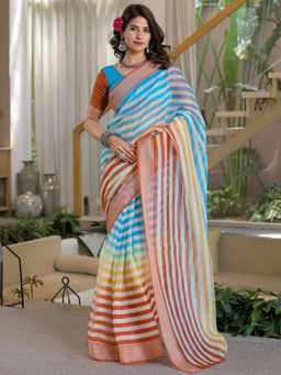 SATRANI - Stripes Printed Linen Ready To Wear Saree with Unstitched Blouse