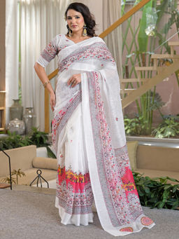 SATRANI - White Printed Linen Ready To Wear Saree with Unstitched Blouse