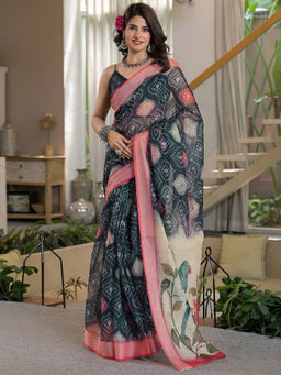 SATRANI - Black Bandhani Printed Linen Ready To Wear Saree with Unstitched Blouse