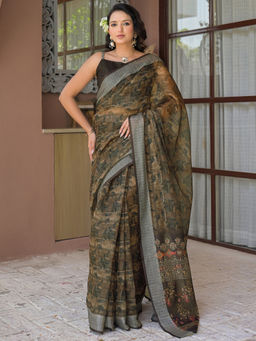SATRANI - Olive Floral Printed Linen Ready To Wear Saree with Unstitched Blouse