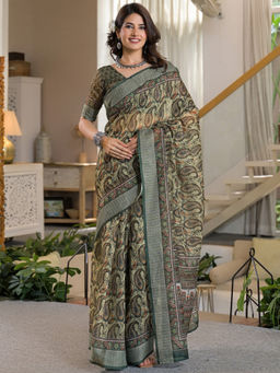 SATRANI - Olive Paisley Printed Linen Ready To Wear Saree with Unstitched Blouse