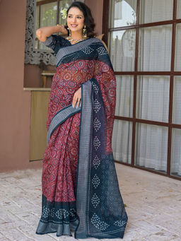 SATRANI - Light Maroon Printed Linen Ready To Wear Saree with Unstitched Blouse