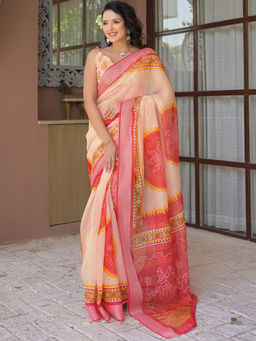 SATRANI - Peach Bandhani Printed Linen Ready To Wear Saree with Unstitched Blouse