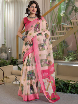 SATRANI - Peach Printed Linen Ready To Wear Saree with Unstitched Blouse
