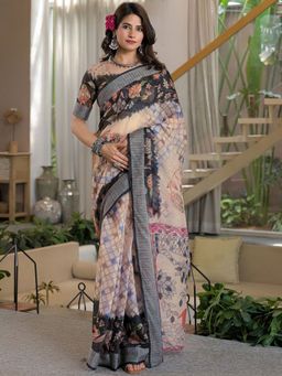 SATRANI - Beige Floral Printed Linen Ready To Wear Saree with Unstitched Blouse