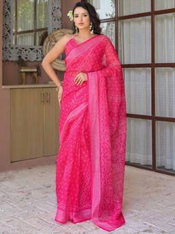 SATRANI - Pink Bandhani Printed Linen Ready To Wear Saree with Unstitched Blouse