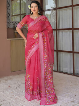 SATRANI - Dark Pink Floral Printed Linen Ready To Wear Saree with Unstitched Blouse